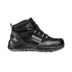 Black Sparco racing boot with high ankle support, metal eyelets, and durable sole, designed for motorsport safety and performance.