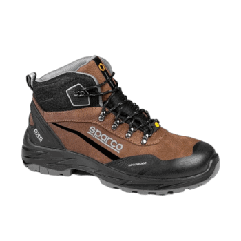 Sparco racing boot in brown and black with grey accents, designed for motorsport safety and performance.