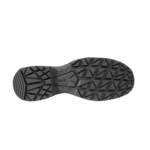 Close-up of a black racing shoe sole with intricate tread pattern for grip and performance.