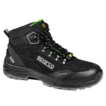 Black Sparco racing boot with green accents, designed for motorsport safety and performance, featuring durable materials and advanced grip technology.