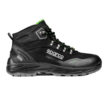 Black Sparco racing boot with green accents, designed for motorsport safety and performance.