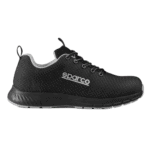 Black Sparco racing shoe with textured surface and lace-up design, ideal for motorsport safety and performance.