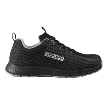 Black Sparco racing shoe with textured surface and lace-up design, ideal for motorsport safety and performance.