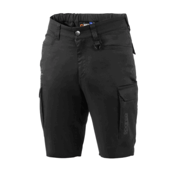 Black Sparco racing shorts designed for motorsport enthusiasts, featuring durable fabric and multiple pockets for essential gear storage.