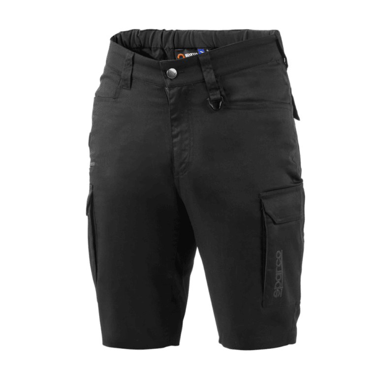 Black Sparco racing shorts designed for motorsport enthusiasts, featuring durable fabric and multiple pockets for essential gear storage.