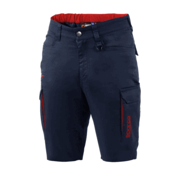 Sparco FTW Cotton Bermuda Work Shorts in navy with red accents, designed for durability and comfort in motorsport environments.
