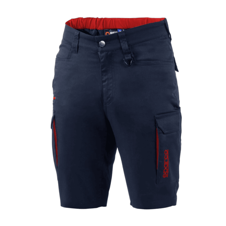 Sparco FTW Cotton Bermuda Work Shorts in navy with red accents, designed for durability and comfort in motorsport environments.