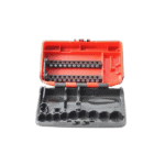 Motorcycle chain link tool kit with adjustable chain breaker and spare pins in a red and black plastic case.