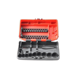 Motorcycle chain link tool kit with adjustable chain breaker and spare pins in a red and black plastic case.