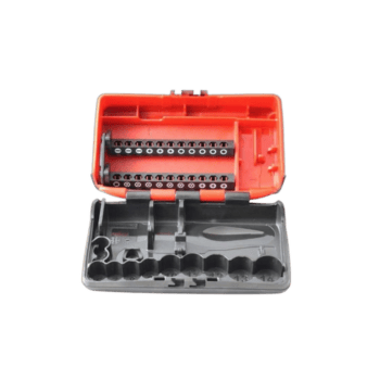 Motorcycle chain link tool kit with adjustable chain breaker and spare pins in a red and black plastic case.