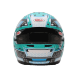 Close-up of a Bell racing helmet with Grand Prix Racewear design in blue, black, and white for motorsport safety and style.