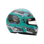 High-performance racing helmet with blue, black, and white geometric design for motorsport safety and style.