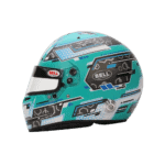High-performance Bell racing helmet with blue, black, and white geometric design for motorsport safety and style.