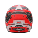 Red Bell racing helmet with black and white graphics, designed for Grand Prix racewear, featuring aerodynamic vents and branding.