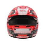 Red and black Bell racing helmet with aerodynamic design and visor, designed for motorsport safety and performance.