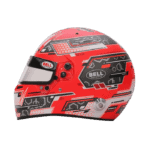 Red Bell racing helmet with black and grey geometric patterns, designed for motorsport safety and performance.