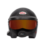 Bell racing helmet with orange visor, designed for motorsport safety and performance, featuring advanced materials and aerodynamic shape.