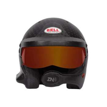 Bell racing helmet with orange visor, designed for motorsport safety and performance, featuring advanced materials and aerodynamic shape.
