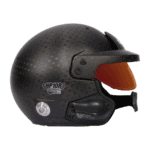 Carbon fibre Grand Prix racing helmet with visor and communication system for motorsport safety and performance.