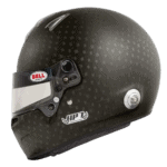 Carbon fibre racing helmet with Bell and HP77 logos, designed for motorsport safety and performance.