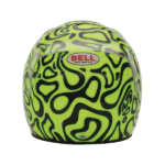 Bright yellow Bell helmet with black abstract patterns, designed for Grand Prix racing, offering high safety standards and style.