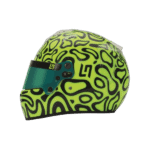 Bright yellow and black patterned Grand Prix racing helmet with tinted visor for motorsport safety.