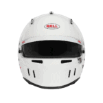 Bell racing helmet designed for motorsport safety and performance, featuring a sleek white finish and aerodynamic vents.