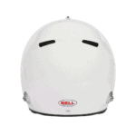 Bell racing helmet designed for motorsport safety and performance, featuring a sleek white finish and aerodynamic shape.