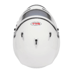 White Bell racing helmet with clear visor, designed for motorsport safety and performance, featuring Bell logo on the front.