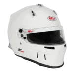 Bell racing helmet in white with black visor, designed for motorsport safety and performance, featuring advanced aerodynamics and comfort for race drivers.