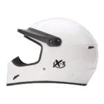 White Grand Prix racing helmet with black visor and X-1 logo, designed for motorsport safety and performance.