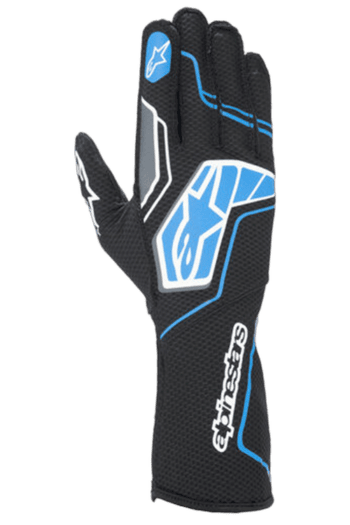 Alpinestars Grand Prix Racewear racing glove with black, blue, and white design, featuring protective padding and grip for motorsport racing.