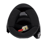 Close-up of a black racing helmet with interior padding and a quick-release buckle, designed for motorsport safety.