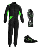Grand Prix Racewear racing suit, gloves, and shoes in black with green and white accents for motorsport enthusiasts.