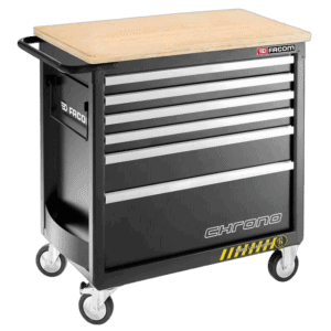 Facom heavy duty black 6-drawer tool cabinet with wooden top and caster wheels for mobility.