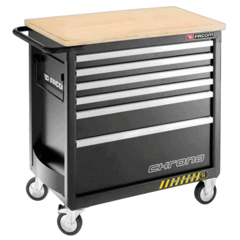 Facom heavy duty black 6-drawer tool cabinet with wooden top and caster wheels for mobility.