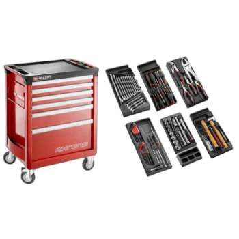 Facom V5 tools and rolling cabinet set with various screwdrivers, bits, and hand tools for automotive and workshop use.