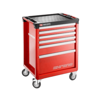 Red Facom Chrono tool chest with multiple drawers and caster wheels, ideal for automotive and racewear workshops.