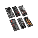 Set of professional mechanic tools including screwdrivers, wrenches, and socket sets for racing car maintenance and repair.