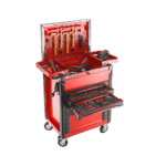 Red professional tool chest with various tools and equipment for racewear maintenance and repair, on wheels for mobility.