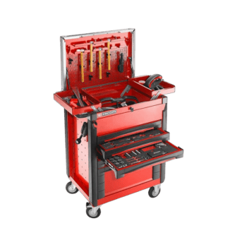 Red professional tool chest with various tools and equipment for racewear maintenance and repair, on wheels for mobility.