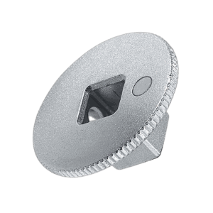 Silver metal racing part with a square hole and textured edge, used in Grand Prix racewear for motorsport safety and performance.