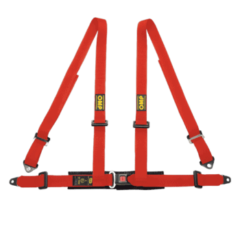 Red racing harness with black buckles, designed for motorsport safety and performance, featuring adjustable straps and durable materials.