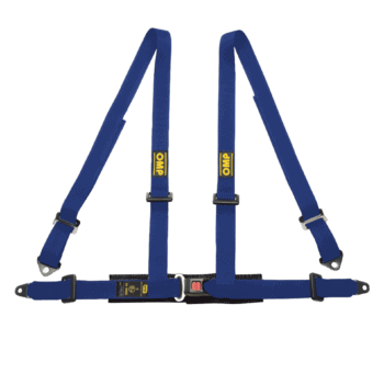 Blue racing harness with yellow OMP logo for motorsport safety and performance.