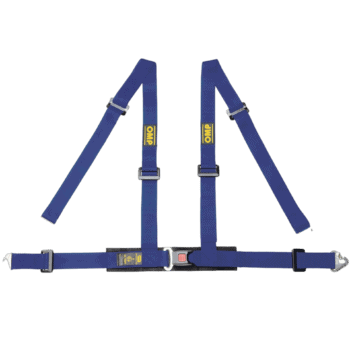 Blue racing harness with adjustable straps and quick-release buckle for motorsport safety at Grand Prix Racewear.