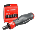 Facom E.611pg screwdriver set with 10 long bits in red and black, suitable for professional use.