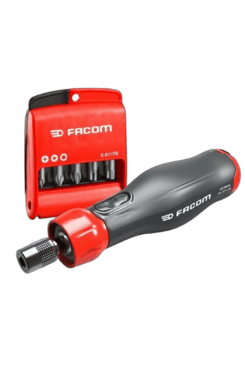 Facom E.611pg screwdriver set with 10 long bits in red and black, suitable for professional use.