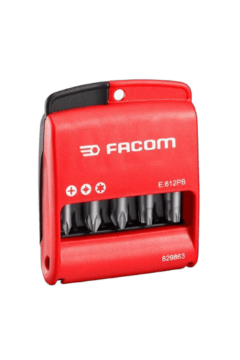 Facom 10 50mm-Bit Box E.612PB in red with black bits, ideal for professional tool storage and organisation.