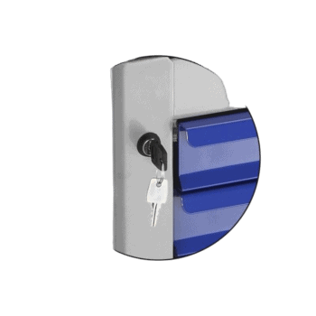Secure lock box with blue compartments and key lock, suitable for secure storage and access control.