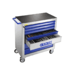 Facom 130mm drawer tool cabinet with blue drawers and a black top, on wheels, for workshop storage.